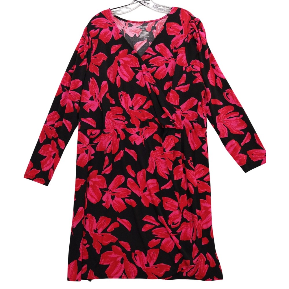 Nine West 2X Wrap-style‎ Dress Black Pink Floral Long Sleeve